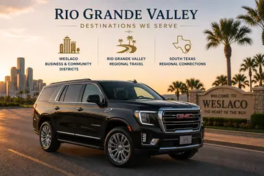 Black GMC Yukon serving Rio Grande Valley destinations, including Weslaco business and community districts, regional travel throughout the Rio Grande Valley, and South Texas transportation connections, featuring Lavish Ride branding and luxury chauffeured service.