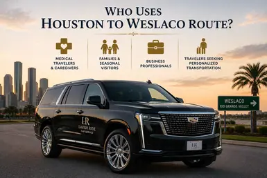 Black Cadillac Escalade providing Houston to Weslaco transportation for medical travelers, caregivers, families, seasonal visitors, business professionals, and travelers seeking personalized private transportation, featuring Lavish Ride branding and Rio Grande Valley travel connections.