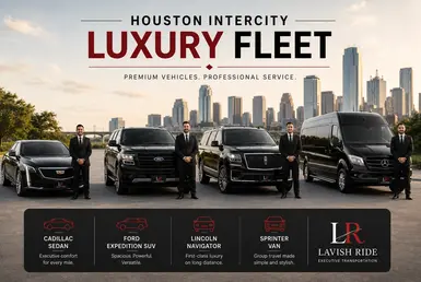 Houston intercity luxury transportation fleet featuring a Cadillac sedan, Ford Expedition SUV, Lincoln Navigator SUV, and Mercedes Sprinter van with professional chauffeurs.