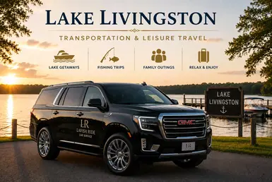 Black GMC Yukon at Lake Livingston providing luxury transportation for lake getaways, fishing trips, family outings, and leisure travel, featuring Lavish Ride branding and scenic waterfront views.