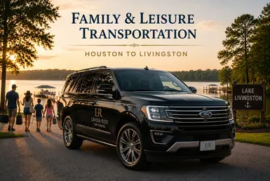 Black Ford Expedition providing family and leisure transportation between Houston and Livingston, featuring Lavish Ride branding, families visiting Lake Livingston, waterfront recreation, and comfortable private travel.