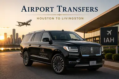 Black Lincoln Navigator providing airport transfers between Houston and Livingston, featuring Lavish Ride branding, airport terminals, arriving flights, and luxury chauffeured transportation to Lake Livingston and East Texas destinations.