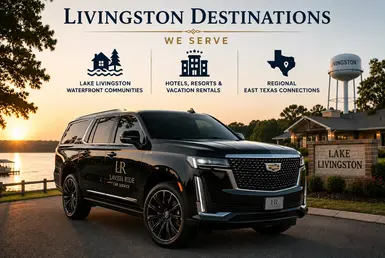 Cadillac Escalade at Lake Livingston serving waterfront communities, vacation rentals, resorts, and East Texas travel connections with luxury private transportation.