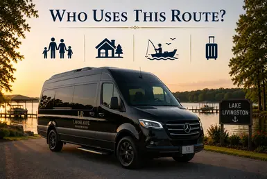 Luxury Mercedes Sprinter van at Lake Livingston providing transportation for families, vacation homeowners, outdoor enthusiasts, and private group travel.
