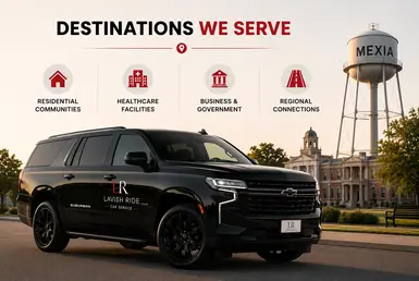 Chevrolet Suburban serving Mexia destinations, including residential communities, healthcare facilities, business offices, government locations, and regional transportation connections.