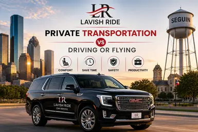 GMC Yukon comparing private transportation with driving or flying, highlighting comfortable, flexible, and efficient travel between Houston and Seguin.