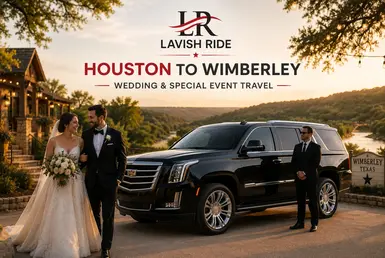 Bride and groom beside a luxury Cadillac Escalade in Wimberley, with a professional chauffeur standing nearby, showcasing private wedding and special event transportation.
