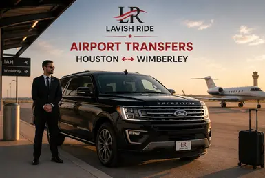 Ford Expedition at a Houston airport providing luxury transfers to Wimberley, featuring a professional chauffeur, private aviation setting, and comfortable Hill Country transportation.