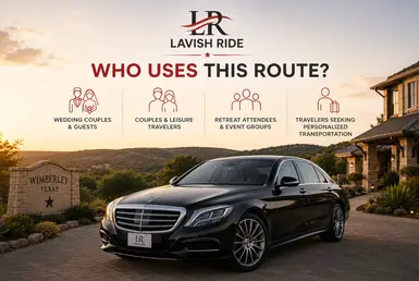 Mercedes-Benz S-Class providing luxury transportation to Wimberley for wedding guests, couples, retreat attendees, event groups, and personalized Hill Country travel.