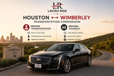 Luxury Cadillac sedan comparing private transportation and self-driving between Houston and Wimberley, highlighting comfortable, stress-free Hill Country travel.