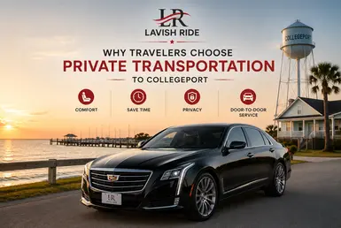 Luxury Cadillac sedan providing private transportation to Collegeport, offering comfortable coastal travel, privacy, flexible scheduling, and convenient door-to-door service.