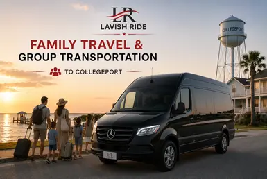 Black Mercedes-Benz Sprinter van providing family and group transportation between Houston and Collegeport, with travelers arriving at a coastal destination for a relaxing getaway.