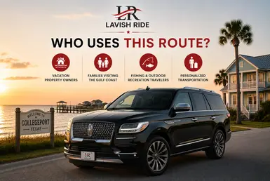 Lincoln Navigator providing Houston to Collegeport transportation for vacation property owners, Gulf Coast families, outdoor enthusiasts, and travelers seeking personalized private travel.