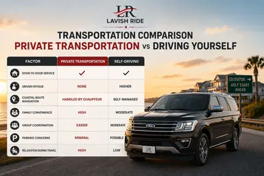 Ford Expedition comparing private transportation and self-driving to Collegeport, highlighting comfort, convenience, chauffeur service, easier group travel, and stress-free coastal transportation.