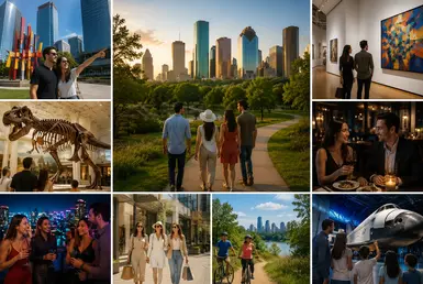 Visitors exploring Houston attractions, museums, parks, dining, shopping, nightlife, and space exhibits across the city.