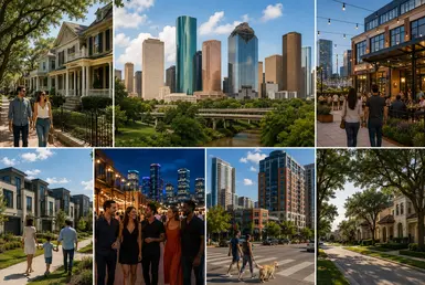 Visitors exploring Houston neighborhoods featuring downtown, historic districts, parks, upscale communities, dining, and local culture.