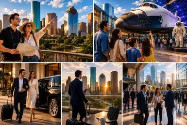 Visitors enjoying Houston attractions, family activities, luxury experiences, business travel, and convention events across the city.