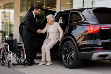 Luxury non-emergency medical transportation with chauffeur assisting a senior passenger outside a Houston medical facility.
