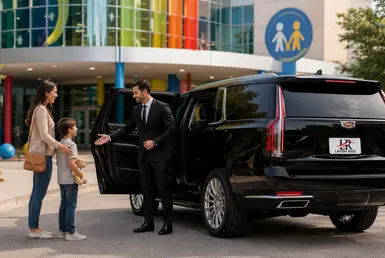 Luxury Cadillac Escalade chauffeur service welcoming a family and child outside Houston Children's Hospital.