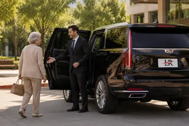 Luxury senior transportation with a professional chauffeur welcoming an older adult to a Cadillac Escalade in Houston.