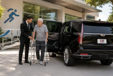 Luxury rehabilitation and physical therapy transportation with chauffeur assisting a senior outside a Houston rehab center.
