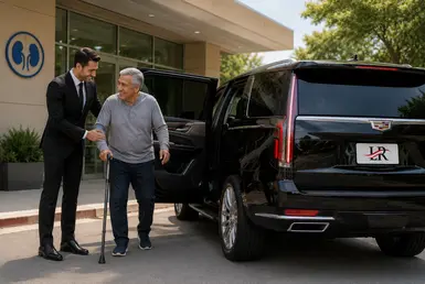 Luxury dialysis transportation with a professional chauffeur assisting a senior patient outside a Houston dialysis clinic.