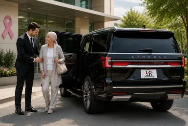 Luxury chemotherapy transportation with a Lincoln Navigator and chauffeur assisting a cancer patient at a Houston clinic.