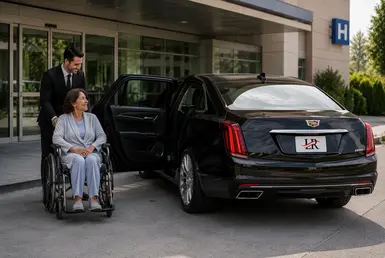 Luxury hospital discharge transportation with chauffeur assisting a patient into a Cadillac sedan outside a Houston hospital.