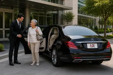 Luxury recurring medical transportation with a Mercedes-Benz chauffeur assisting a senior for scheduled healthcare visits.