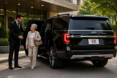 Private pay medical transportation with a Ford Expedition and professional chauffeur assisting a senior in Houston.