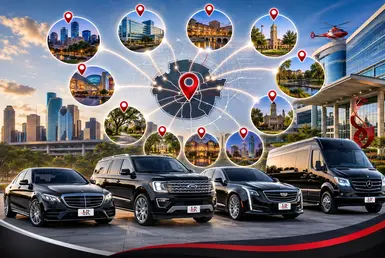 Luxury non-emergency medical transportation service areas across Houston with premium fleet and regional coverage map.