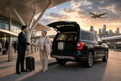 Luxury airport transportation for medical travelers with chauffeur assisting a senior passenger at Houston airport.