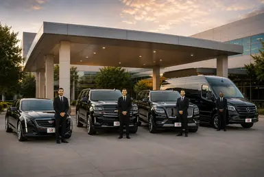 Luxury healthcare transportation fleet with Cadillac sedan, Chevrolet Suburban, Lincoln Navigator and Sprinter van.