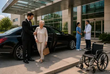 Schedule Houston non-emergency medical transportation with a luxury chauffeur assisting a senior outside a medical facility.
