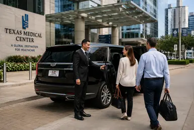 Lavish Ride chauffeur assisting passengers outside the Texas Medical Center in Houston with a luxury SUV.