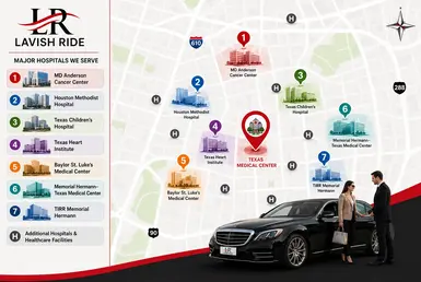 Map of Texas Medical Center hospitals served by Lavish Ride with private chauffeur transportation throughout Houston.