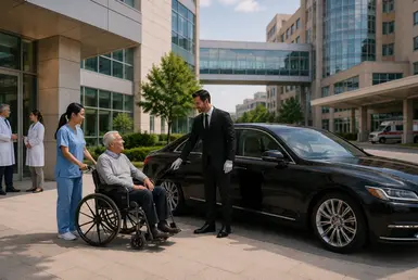 Luxury transportation between Texas Medical Center hospitals with a professional chauffeur assisting a patient in Houston.