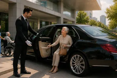 Private chauffeur assisting a senior passenger outside a Houston medical facility with a luxury sedan for healthcare travel.