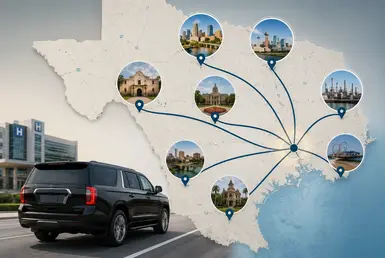Luxury long-distance medical transportation across Texas with premium SUV and routes from Houston to major cities.