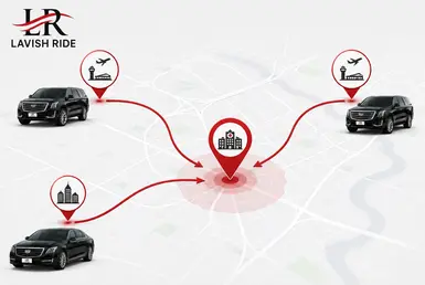 Infographic showing private transportation routes from Houston airports and suburbs to the Texas Medical Center.