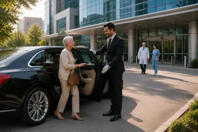 Private Texas Medical Center car service with a professional chauffeur assisting a patient outside a Houston hospital.