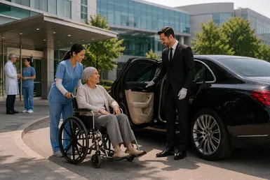 Recurring medical transportation with a professional chauffeur assisting a patient during ongoing treatment in Houston.