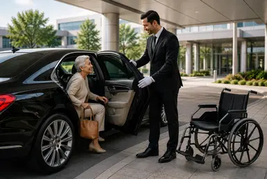 Luxury non-emergency medical transportation with a professional chauffeur providing safe and comfortable patient assistance.