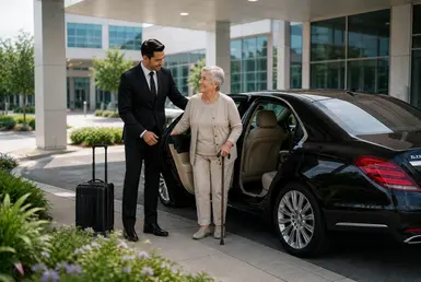 Trusted healthcare transportation with a professional chauffeur assisting a senior traveler outside a Houston medical facility.