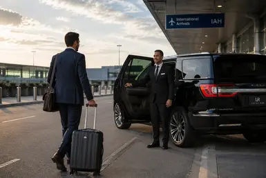 A professional chauffeur welcomes a corporate executive beside a Lincoln Navigator at Houston's IAH airport.