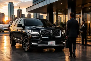Black Lincoln Navigator providing Corporate Mobility for a business executive at a luxury Houston corporate location.