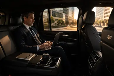 Board member remains productive on a laptop inside a quiet luxury Cadillac Escalade cabin while traveling between corporate meetings in Houston.