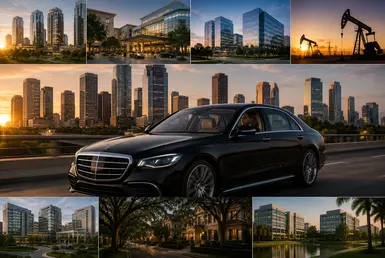 Black Mercedes-Benz S-Class provides luxury corporate transportation across Houston’s major business districts, including Downtown, Uptown, Energy Corridor, Texas Medical Center, River Oaks, and Westchase.
