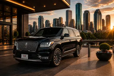 Black Lincoln Navigator provides luxury transportation services in Houston against a modern city skyline at golden hour.