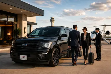 Business travelers and a professional chauffeur beside a black Ford Expedition at a Houston private aviation terminal, illustrating luxury Houston business travel transportation.